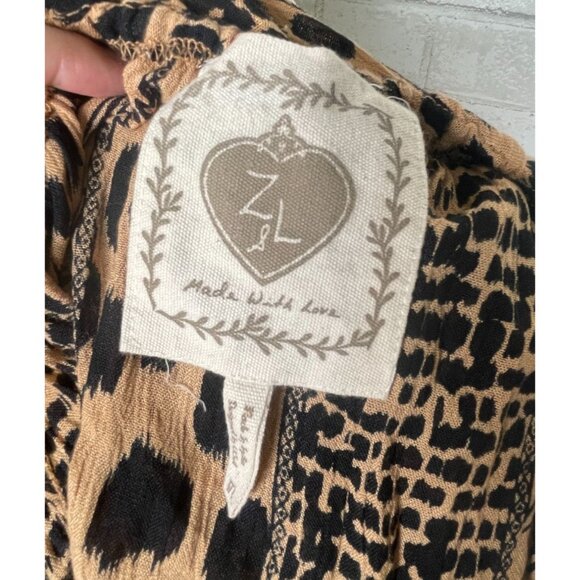 Anthropologie L Animal Print Kaftan Maxi Dress Flowy Coverup Elastic Waist Brown - Picture 8 of 9